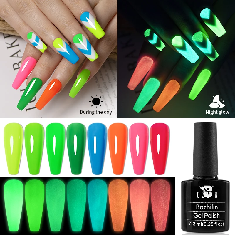 BOZLIN 7.3ML Luminous Neon Pink UV Gel Nail Polish Fluorescent Colorful Gel Varnishes Glow In The Dark Soak Off UV Gel Varnishes