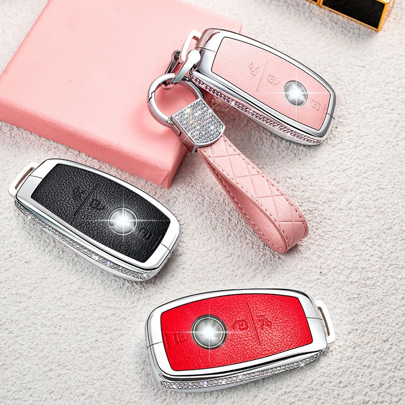 Diamond Zinc Alloy Leather Car Key Case Cover Chain keychain For Mercedes Benz A B E C S Class E260 W205 W204 W176 CLA for Women