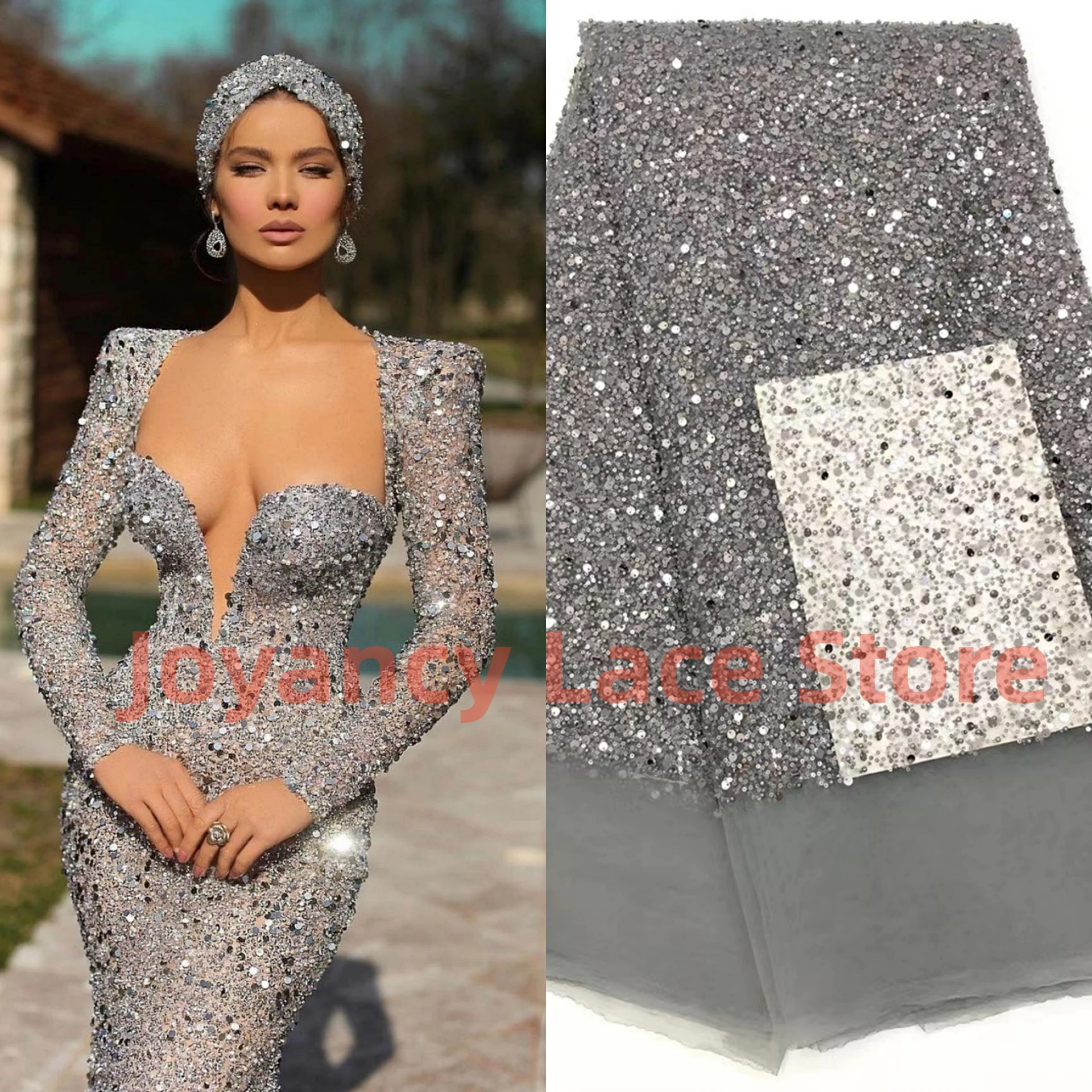 Haute Couture Designer Lace Fabric 22 Colors Sequins Lace Beaded Pearl Fabric Crafts For Evening Dress Cloth By The Yard
