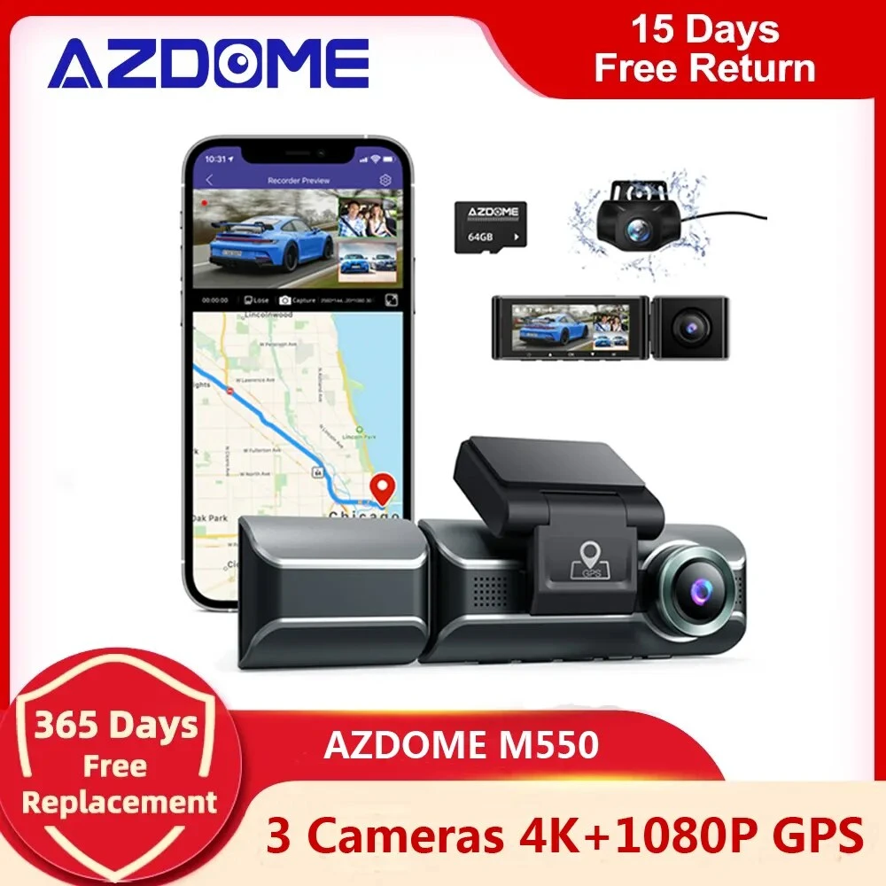 AZDOME 3 Channel Dash Cam, Front Inside Rear Three Way Car Dash Camera, 4K+1080P Dual Channel, With GPS, WiFi, IR Night Vision