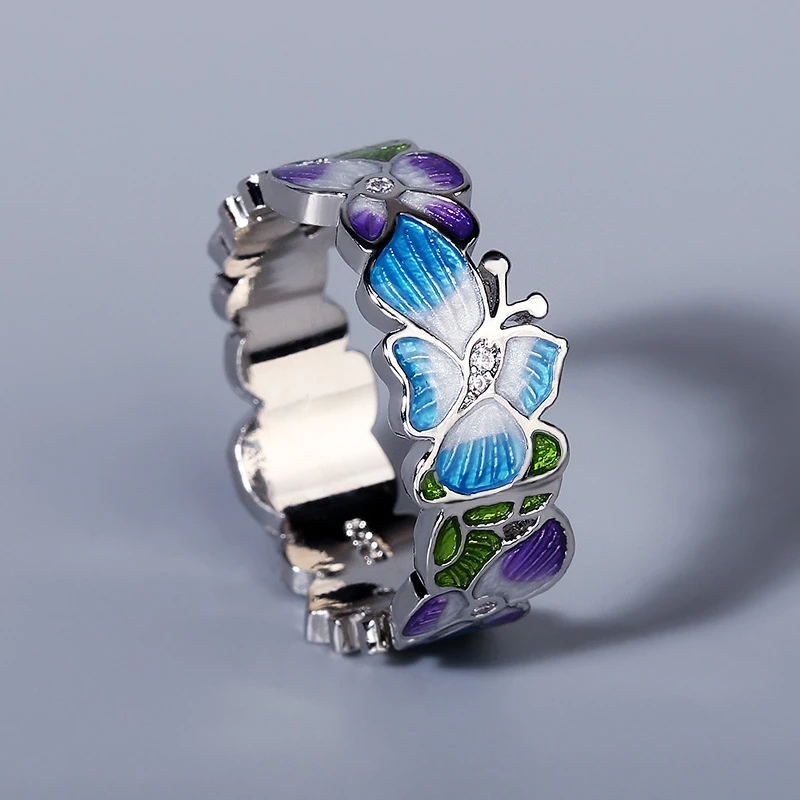 Exquisite 925 Silver Ladies Ring Handmade Enamel Blue Dripping Oil Butterfly Flower Ring Jewelry Luxury Party Jewelry Ladies
