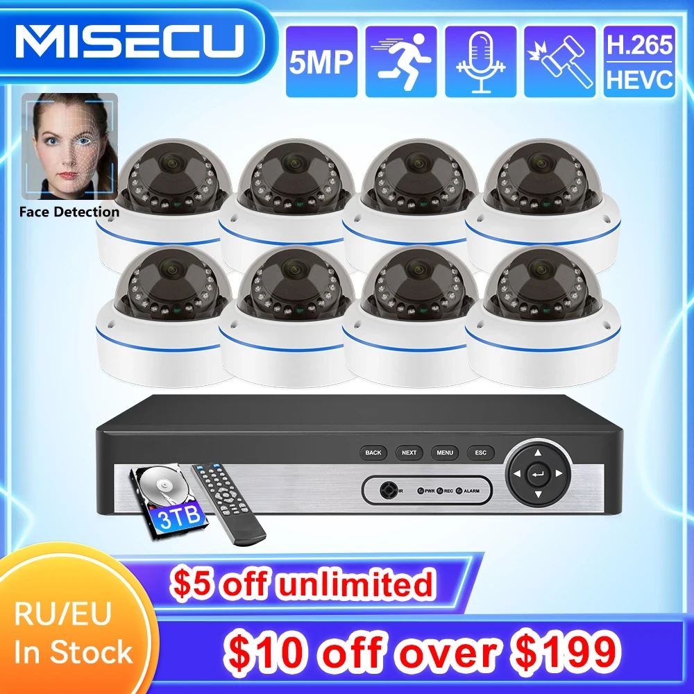 MISECU 8CH H.265 5.0MP Security Camera System IP Dome Camera Vandal-proof Indoor Audio CCTV Camera Home Video Surveillance Kit