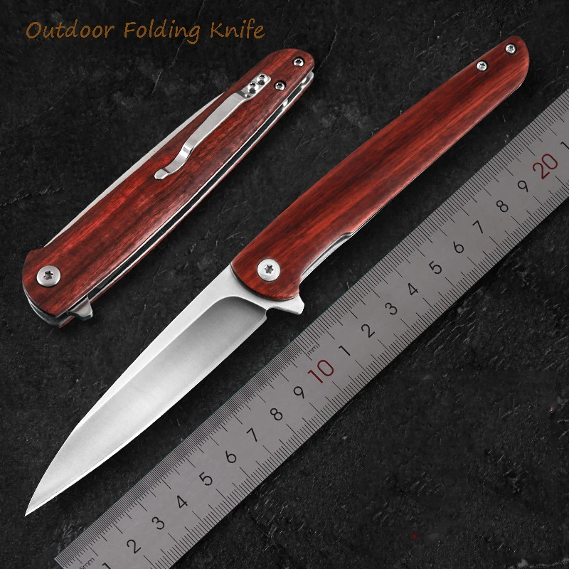 Tactical Pocket Folding Knife Camping Survival Knife Sandalwood Handle Hiking Hunting Knives for Self-defense EDC Tools
