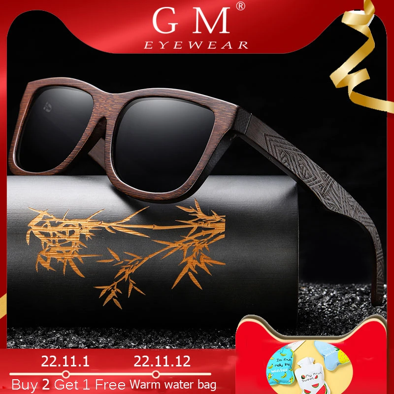 GM Natural Bamboo Wooden Sunglasses Handmade Polarized Mirror Coating Lenses Eyewear With Gift Box