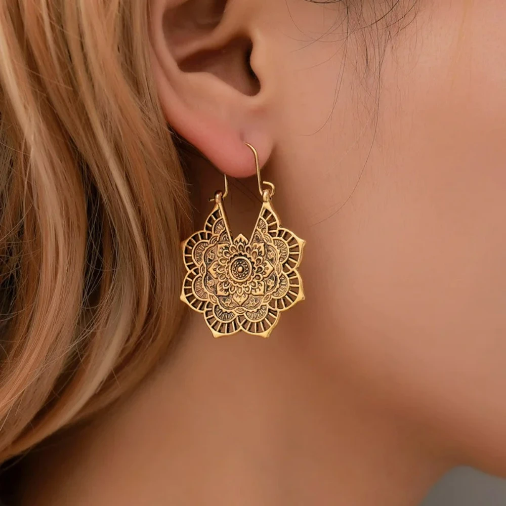 FSUNION 2021 New Femme oorbellen Antique Gypsy Indian Tribal Ethnic Hoop Dangle Mandala Earrings Boho boucle doreille