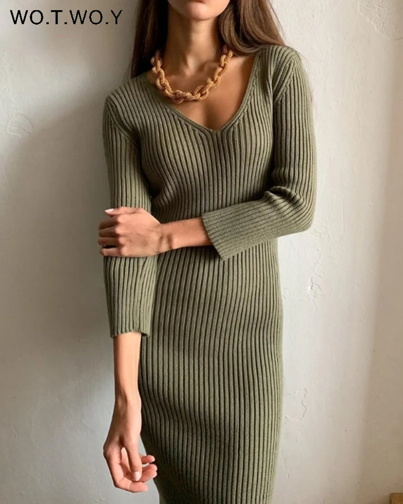 WOTWOY V-Neck Wrapped Knitted Dress Women Autumn Solid Sheath Sweater Dresses Women Knee-Length Bodycon Long Sweater Female New