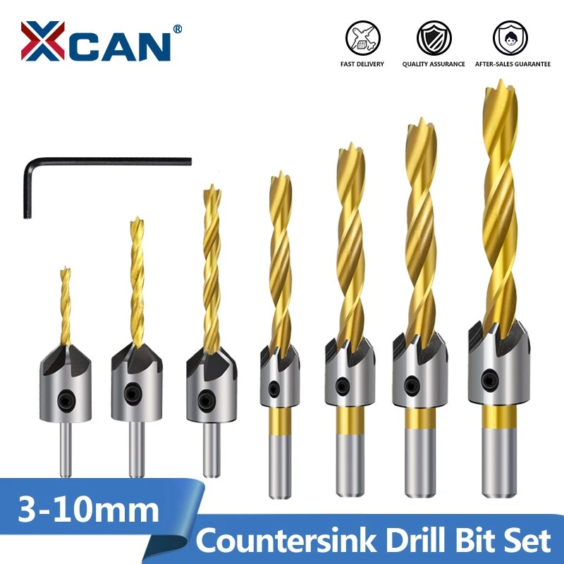 XCAN 3-10mm Titanium Coating Countersink Drill Bit Set with Hex Key Screw Hole Drill Cutter  HSS Wood Drill Bit