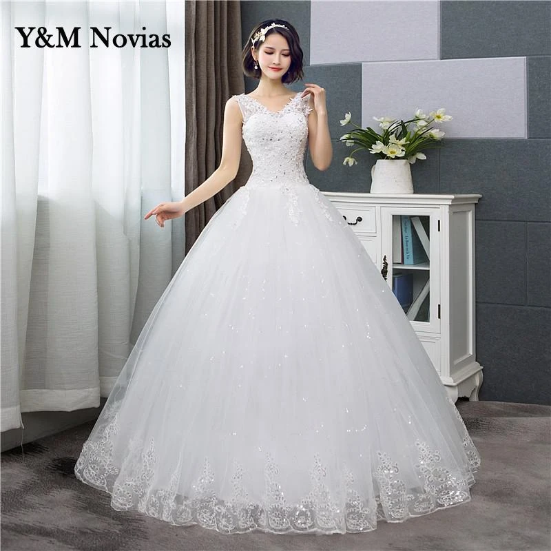 Cheap Korean Style V-Neck Lace Tank Sleeveless Floral Print Ball Gown Wedding Dress 2021 New Fashion Simple estidos de noivas CC
