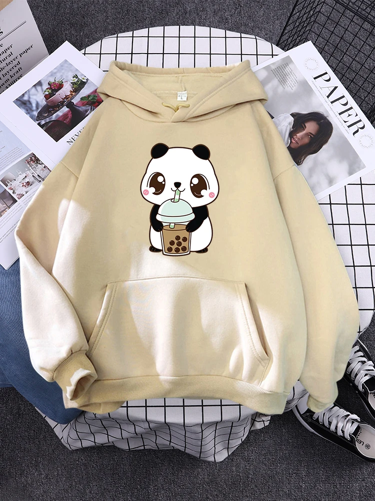 Hoody Little Panda Drinking Milk Tea Print Hoodie Streetwear Cute Winter Clothes Womens Oversized Loose Sweatshirts Women 2021