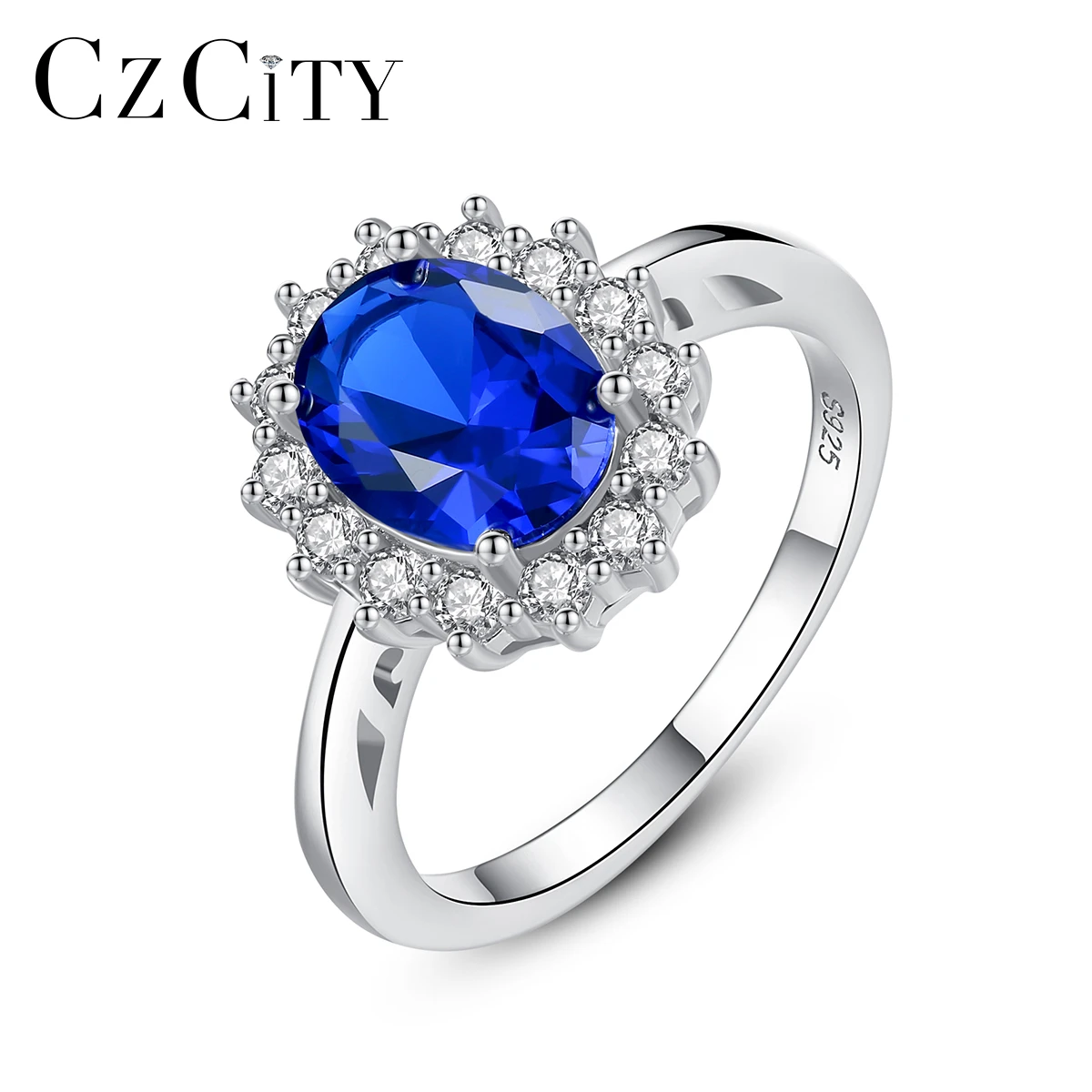 CZCITY Princess Diana William Kate Sapphire Emerald Ruby Gemstone Rings for Women Wedding Engagement Jewelry 925 Sterling Silver