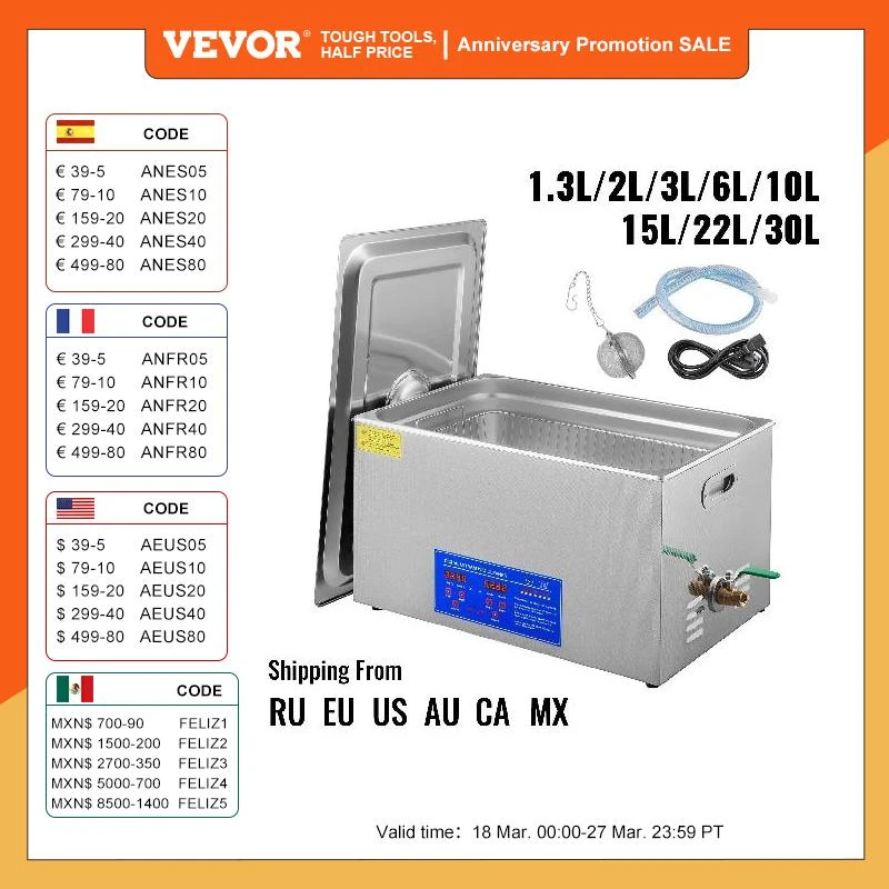 VEVOR 1.3L 2L 3L 6L 10L 15L 22L 30L Ultrasonic Cleaner Lave-Dishes Portable Washing Machine Diswasher Ultrasound Home Appliances