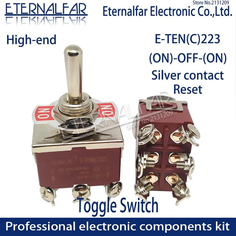 High-end E-TEN223 Quality Silver Contact DPST 12MM 16A 250V AC (ON)-OFF-(ON) 6 Pin Reset Rocker Toggle Slide Switch Waterproof