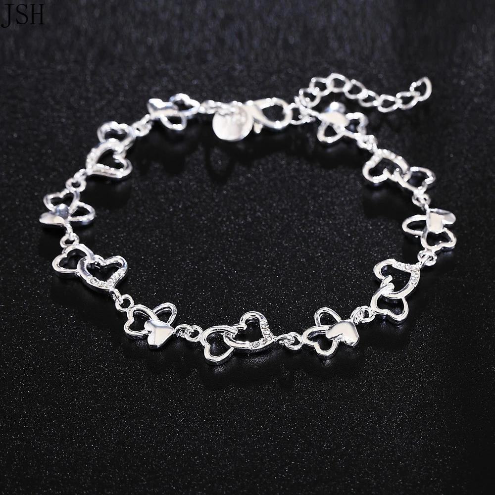 Beautiful 925 Sterling silver bracelet gorgeous women HEART lovely Crystal chain fashion Wedding Party cute lady jewelry