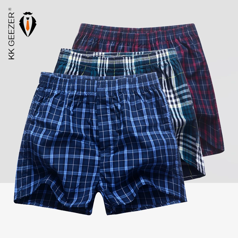 3Pcs/Packag Men Boxer Plaid Underpants 100% Cotton Underwear Male Sleep Bottoms Shorts Brand Top Quality Loose Homewear Oversize