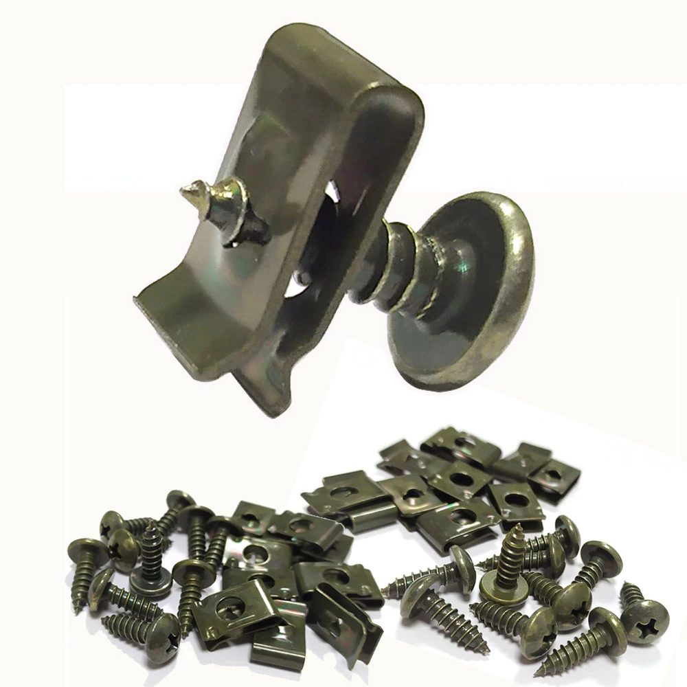 30 Set Motorcycle Scooter ATV Moped Plastic Cover Self-tapping Screws U-Type Clips M4 M5 Army Green Anti-rust