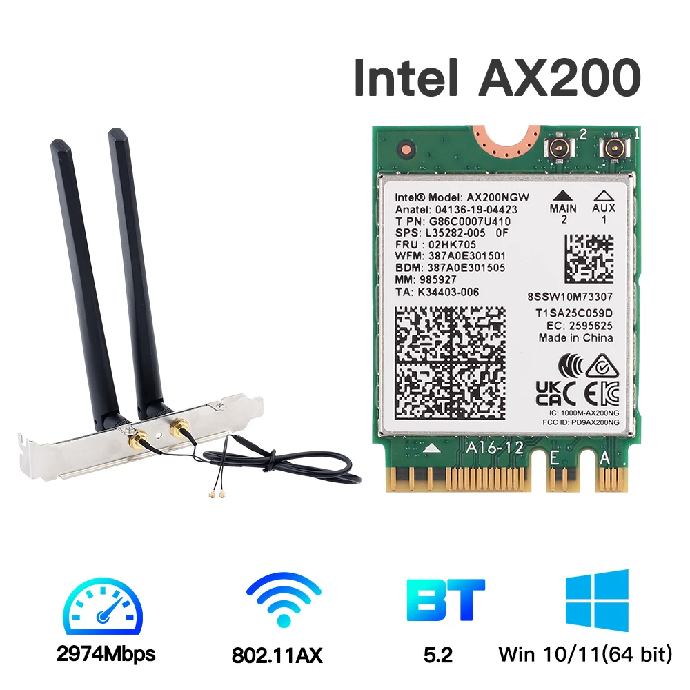 2400Mbps Dual Band Wi-Fi 6 Wireless Card Intel AX200 Desktop Kit Bluetooth 5.1 AX200NGW NGFF M.2 802.11ax Adapter Windows 10