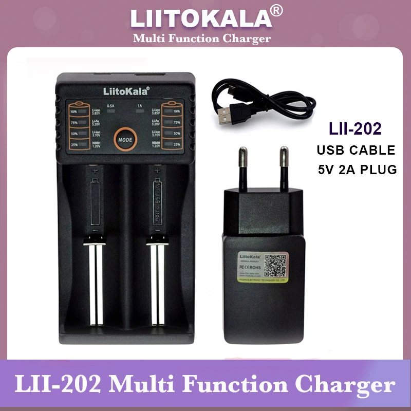 Liitokala Lii-202 18650 Charger 1.2V 3.7V 3.2V 3.85V AA 26650 10440 14500 16340 NiMH li-ion battery Smart charger 5V 2A Plug