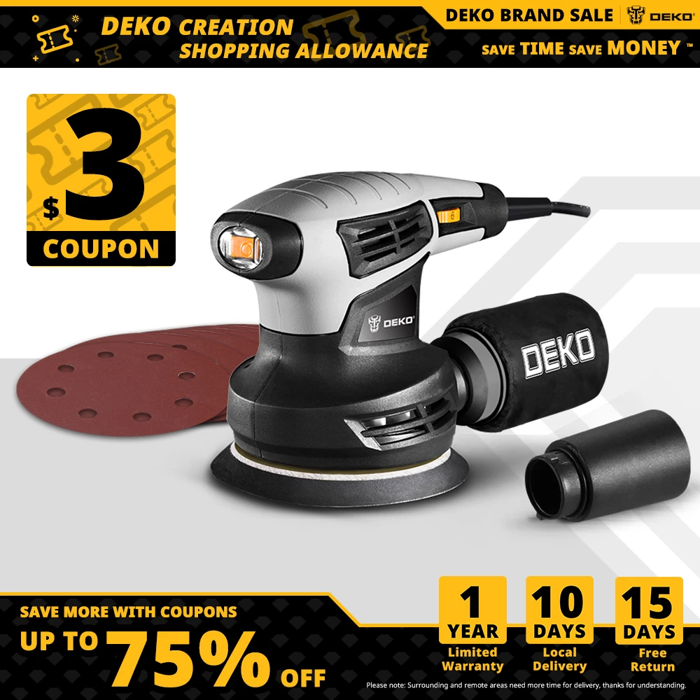 DEKO DKSD28Q1 280W Random Orbit Sander  with 16 Sheets of sandpaper Dust exhaust and Hybrid dust canister