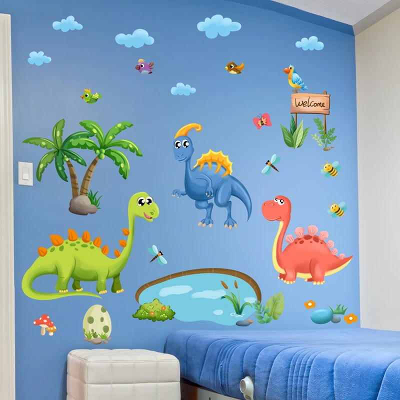 [SHIJUEHEZI] Dinosaurs Animals Wall Stickers DIY Cartoon Birds Tree Mural Decals for Kids Room Baby Bedroom Home Decoration