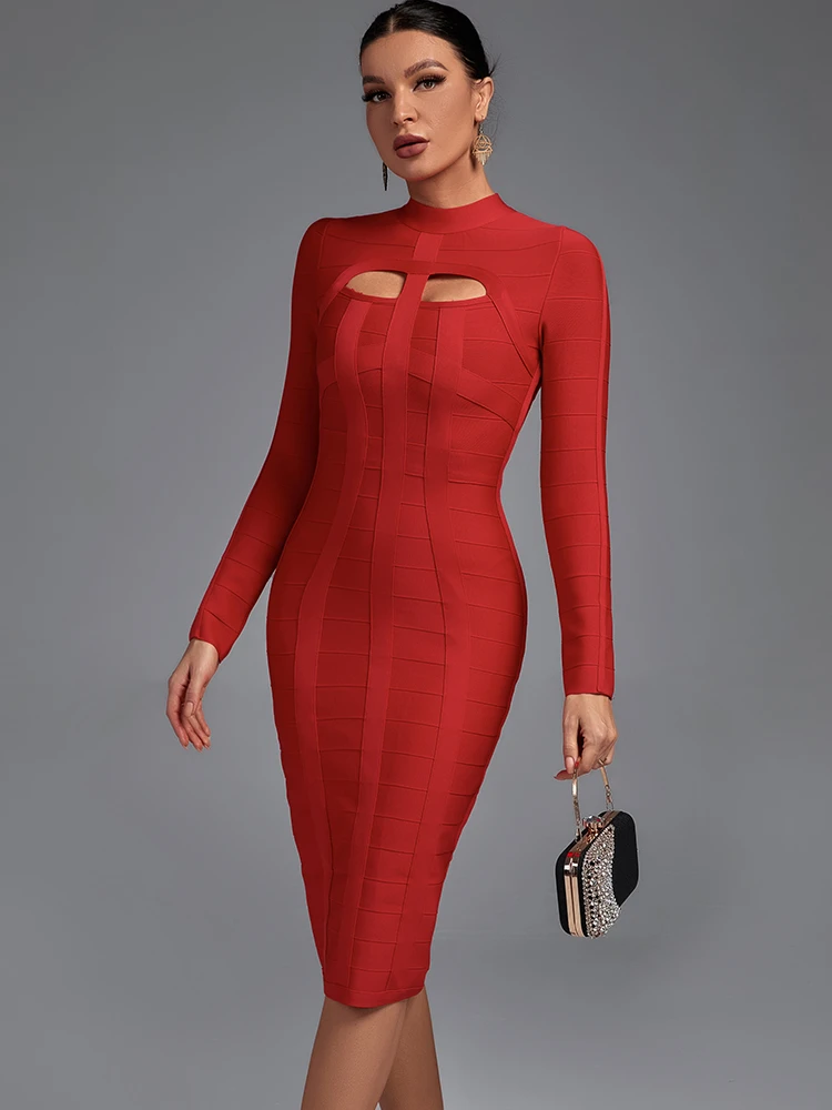 Ocstrade Women White Bandage Dress Bodycon 2021 New Arrivals Sexy Cut Out High Neck Long Sleeve Party Rayon Bandage Midi Dress