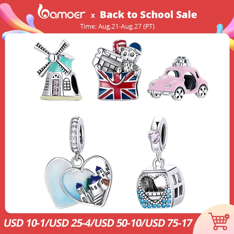 bamoer 925 Sterling Silver Travel London Charm Pink Cable Car Windmill Zirconia Heart Beads for Women Bracelet Jewelry SCC1738