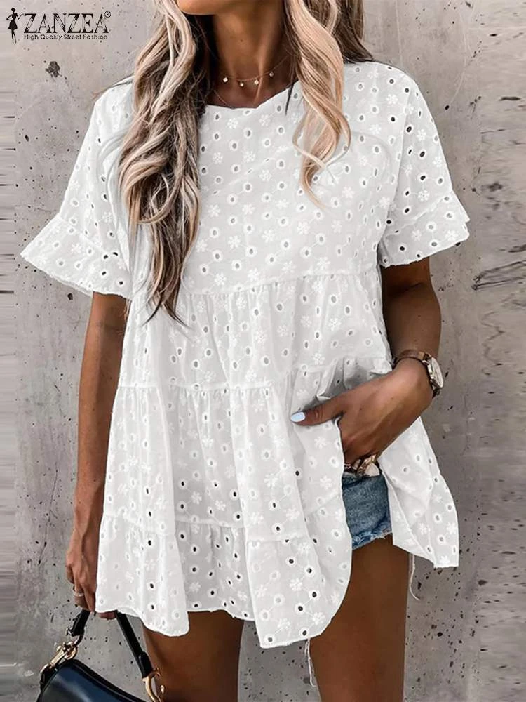 Women Elegant Floral Embroidery Top ZANZEA Summer Lace Crochet Blouse Tunic Casual O Neck Short Sleeve White Shirt Ruffle Blusas