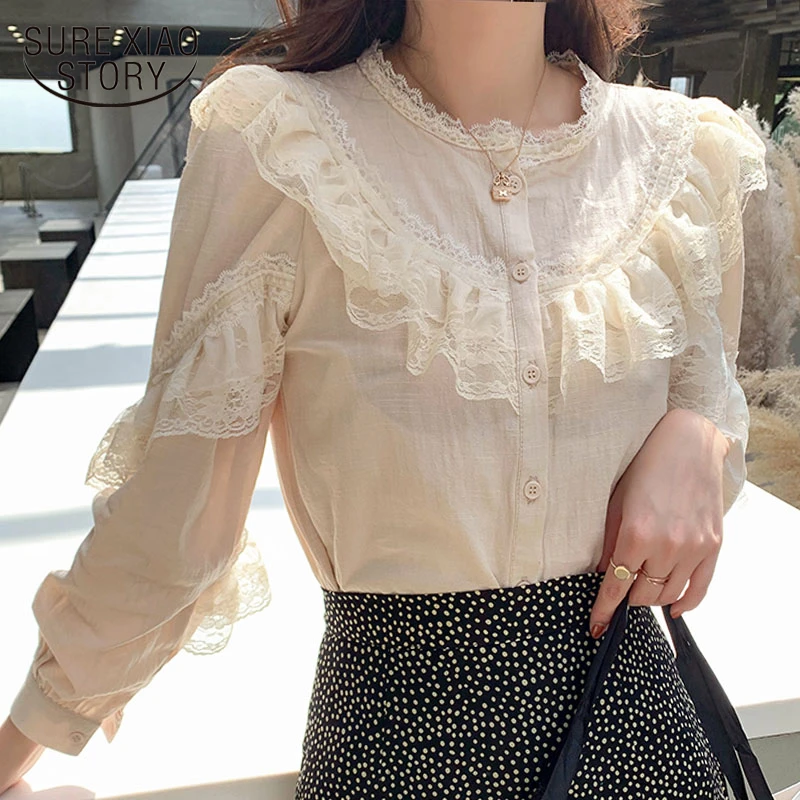 Womens Tops and Blouses 2021 Cotton Linen Blouse Button Solid Stand Collar Ladies Lace Tops Women Shirts Blusas Feminine 8049 50