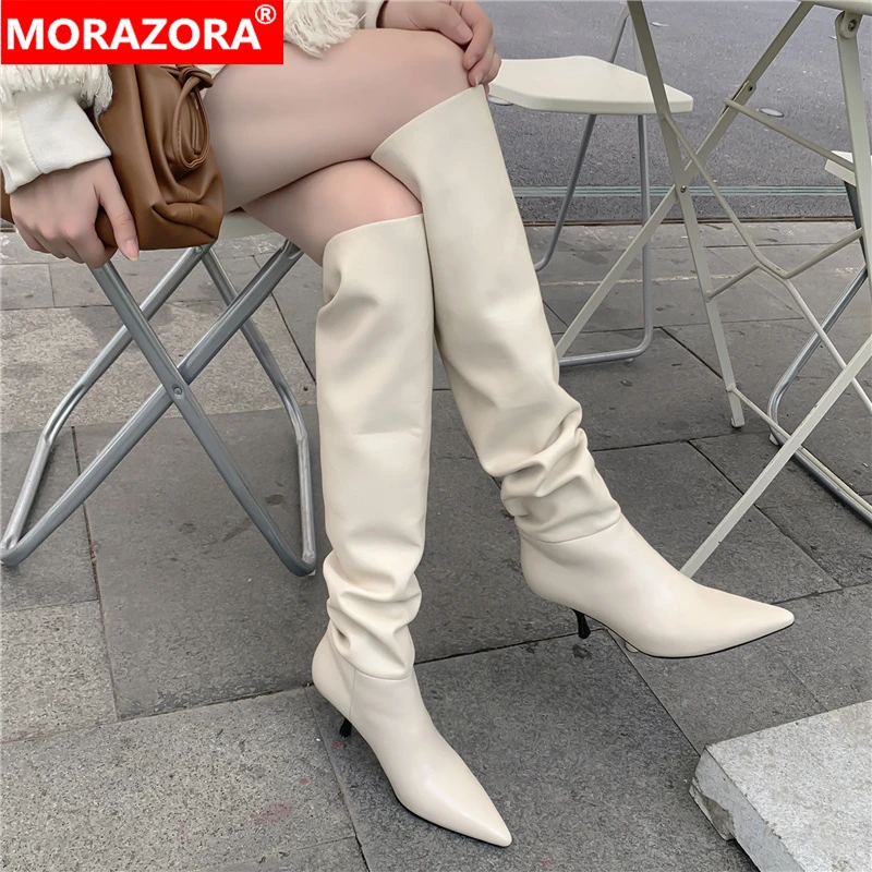 MORAZORA 2021 Size 33-43 Genuine Leather women boots stiletto heels pointed toe ladies shoes winter solid color knee high boots