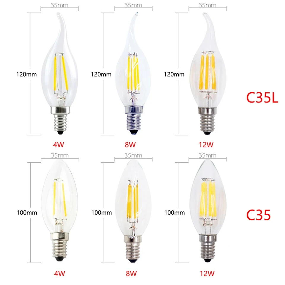 1-10X LED Filament Candle Light Bulb E14 220V 240V 6W 18W C35/C35L Vintage Edison Bulb for Chandelier Cold/Warm White
