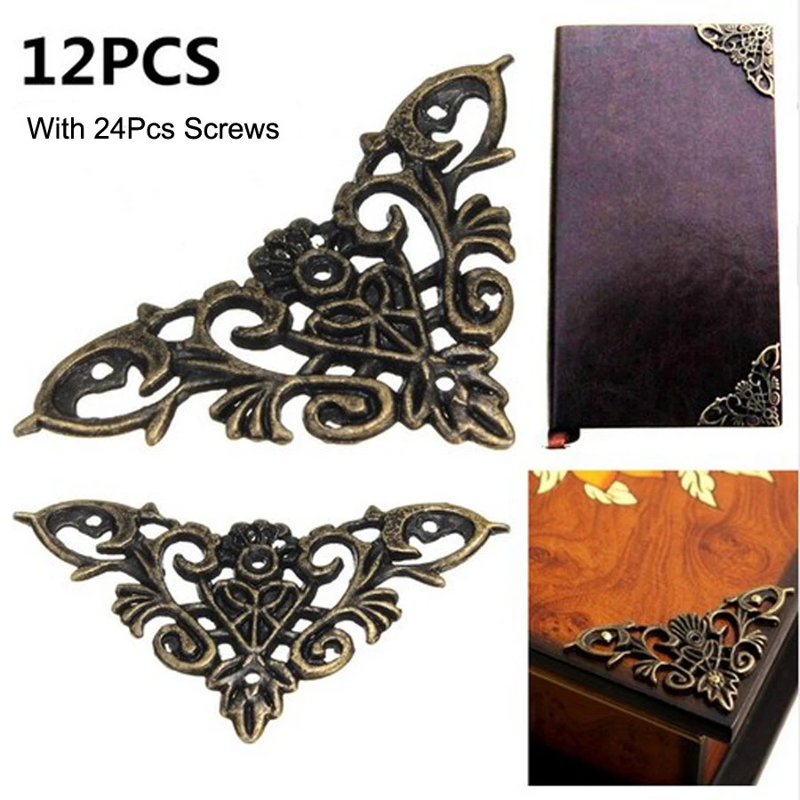 12pc Bronze Furniture Corner Brackets Jewelry Chest Wine Case Box Book Scrapbook Album Corner Protector Decor Furniture Hardware