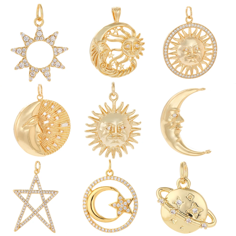 Sun Moon Pendants Charms for Jewelry Making Vintage Gold Copper Zircon CZ Crystal Diy Necklace Charm Accessories Fashion Jewelry