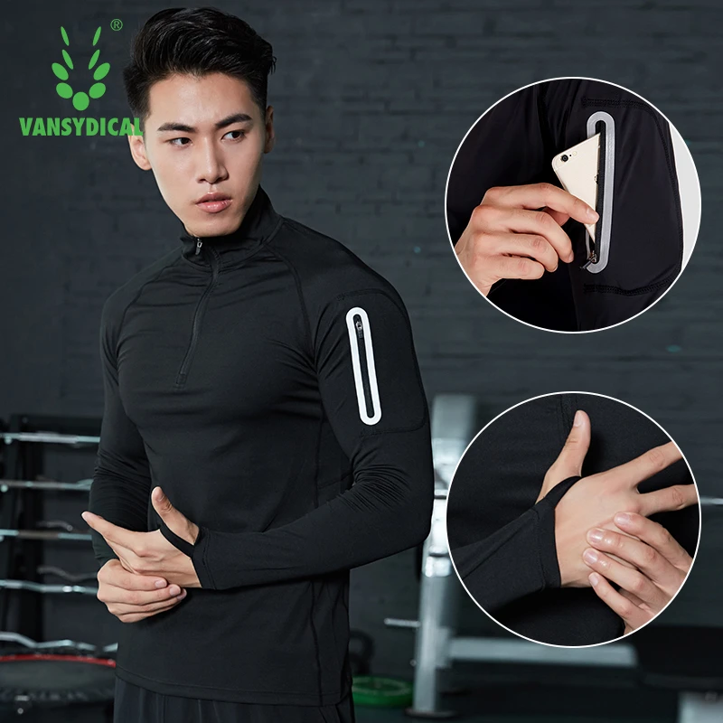 Black Running Shirt Men Zipper Pullover Madarin Collar Long Sleeve With Pocket Sportswear For Gym Clothing Workout Shirt Male