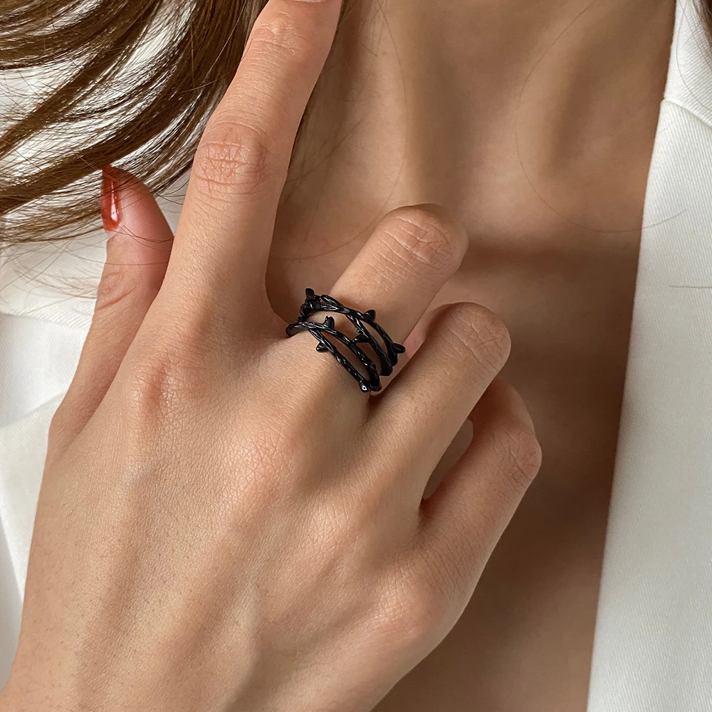 Emo Multi-layer Branch Cross Leaf Ring for Women Simple Retro Black Open Resizable Index Finger Ring Fashion Trend New 2020