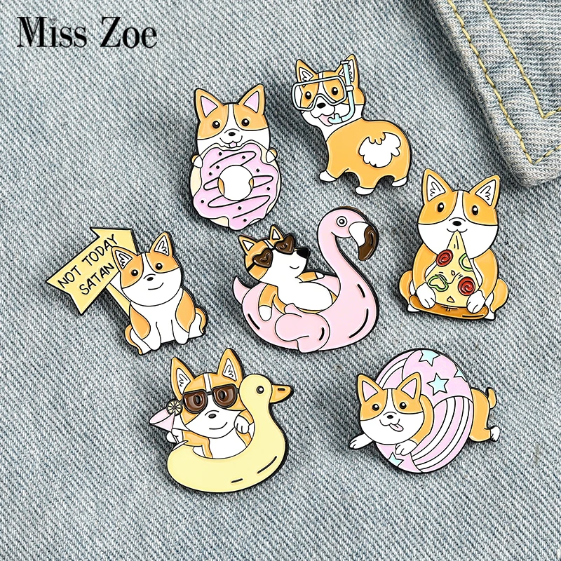 Puppy Holiday Enamel Pin Swimming Diving Pizza Donuts Corgi Brooch Bag Lapel Pin Cartoon Dog Badge Jewelry Gift Kids Friends