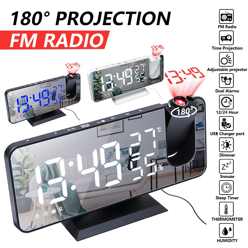 LED Digital Alarm Clock Watch Table Electronic Desktop Clocks USB Wake Up FM Radio Time Projector Snooze Function 2 Alarm 2#