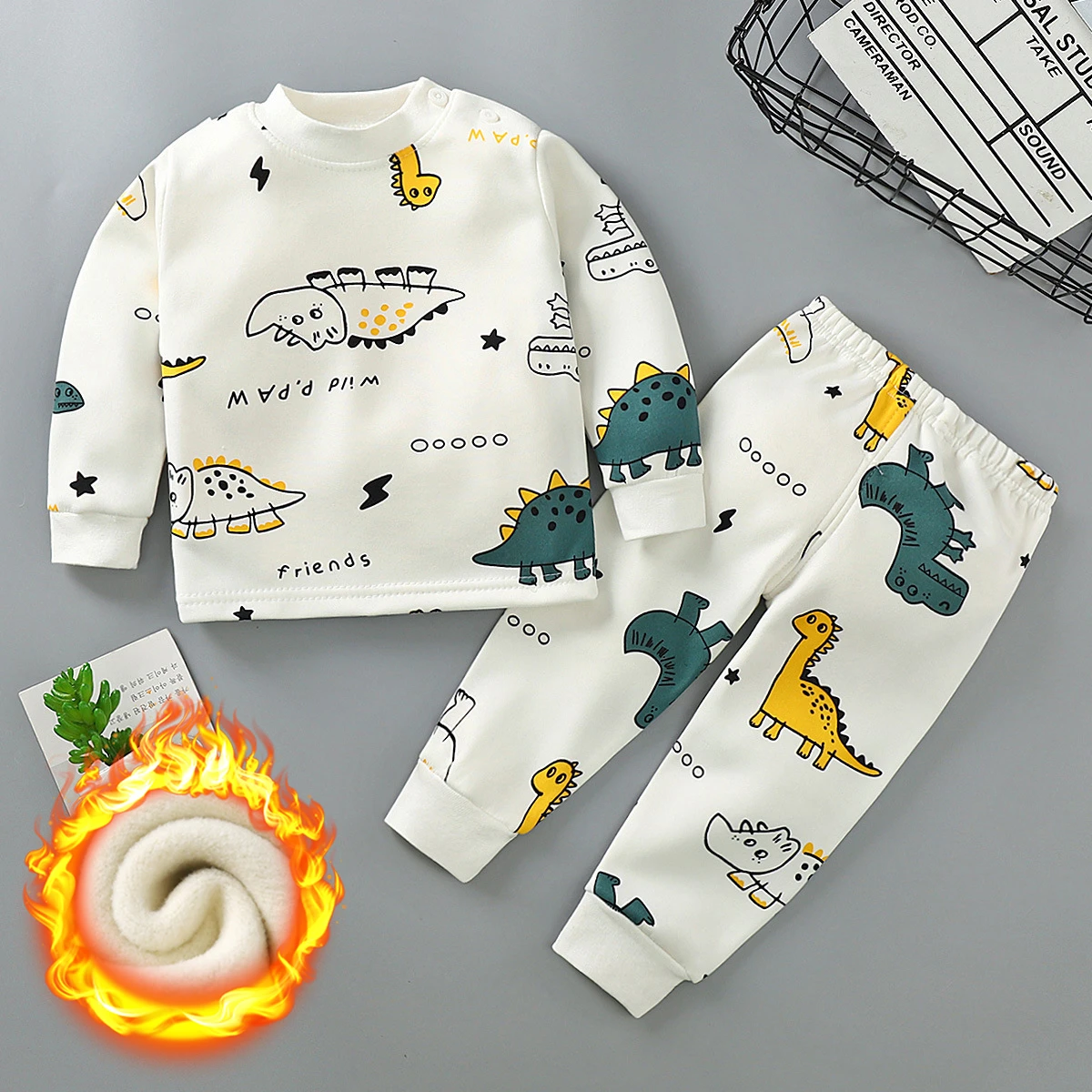 Autumn Winter Plus Velvet Children's Clothing Sets for Girls 3-8y Cotton Thicken Cartoon Pattern Baby Boy Keep Warm Pajamas Suit