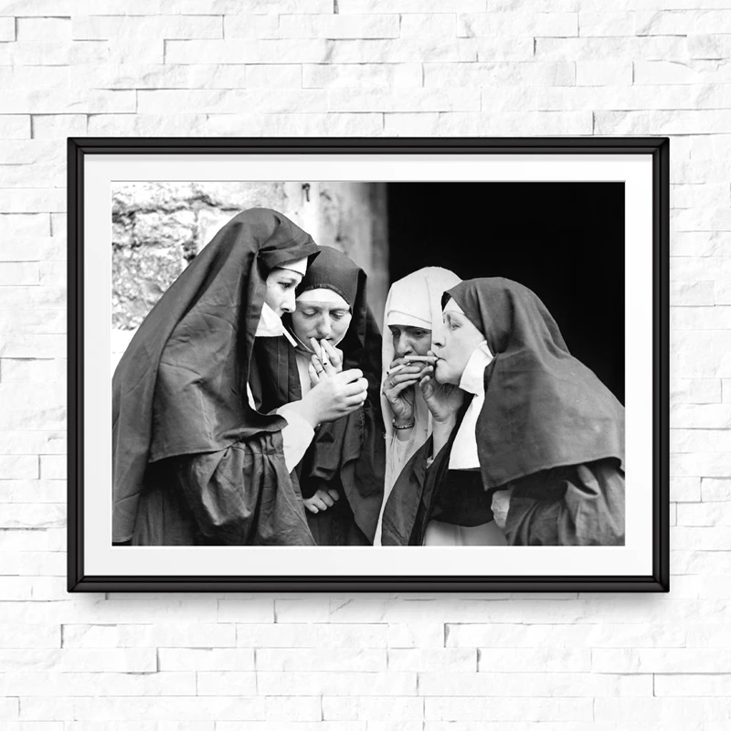 Smoking Nuns Prints Vintage Photo Black and White Poster Cigarette Funny Wall Art Canvas Painting Home Decor Picture Weird Room