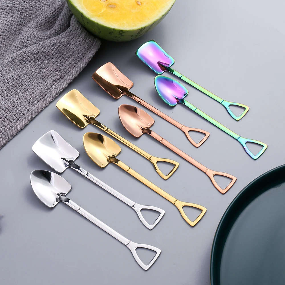 Stainless Steel Iron Shovel Mini Spoon Coffee Ice Cream Spoon Retro Cute Square Head Dessert Spoon Kitchen Gadget Accessories