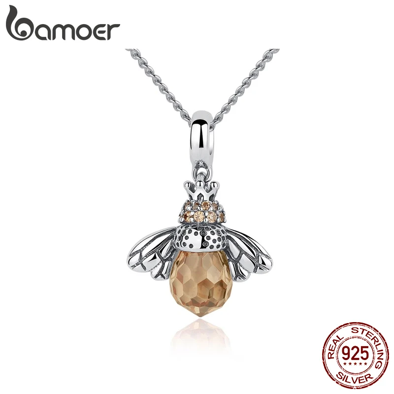 BAMOER 925 Sterling Silver Lovely Orange Bee Animal Pendants Necklace for Women Fine Jewelry CC035