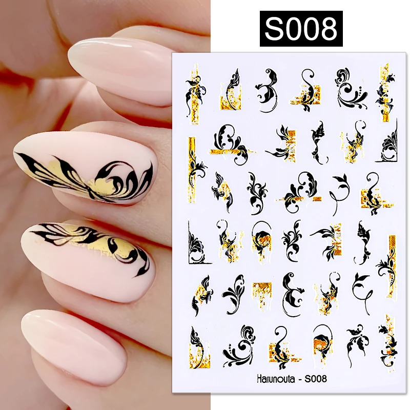 Harunouta Gold Flower Leaves Water Decals Slider Lines Geometrics Spring Summer Nail Art Transfer 3D Stickers DIY Watermarks