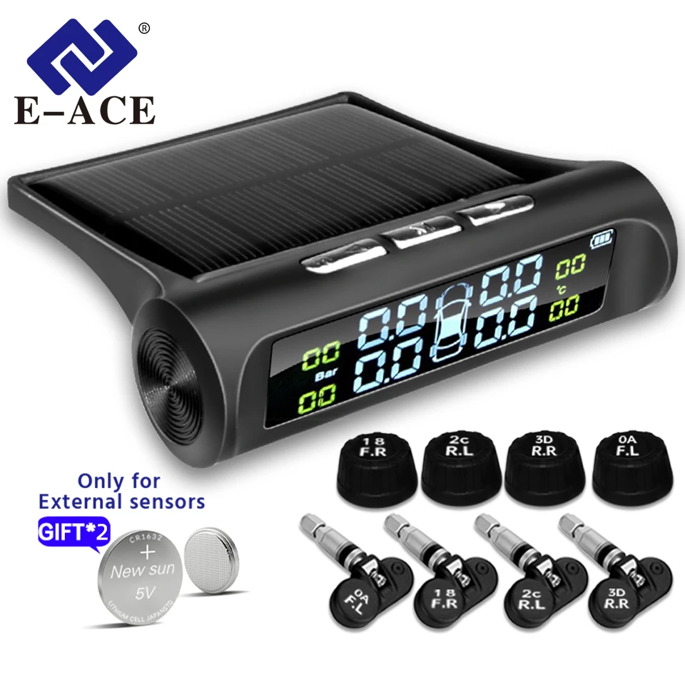 E-ACE Solar Power TPMS Car Tire Pressure Alarm Monitor System Auto Security Alarm Systems Tyre Pressure Temperature Warning
