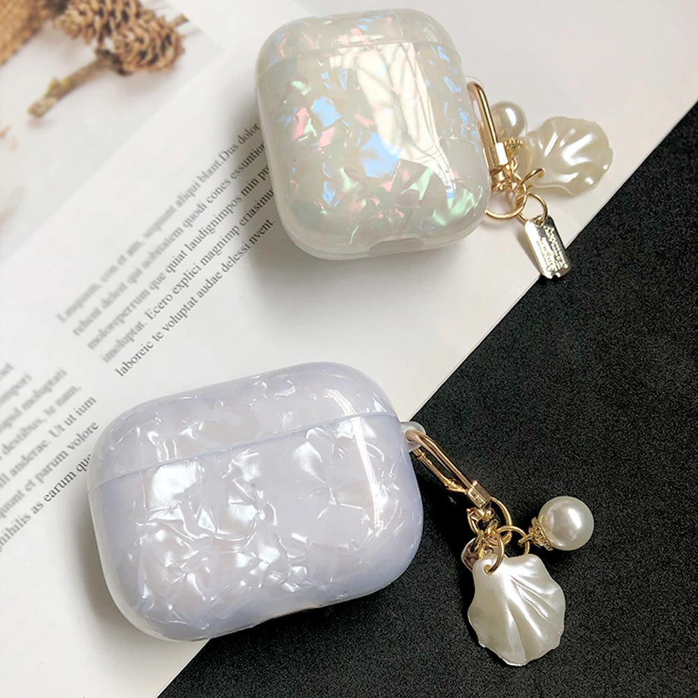 Luxury Pearl Shell Glossy Case for Apple Airpods 1 2 Case for AirPods Pro Case with Keychain Earphone Accessories Headphone