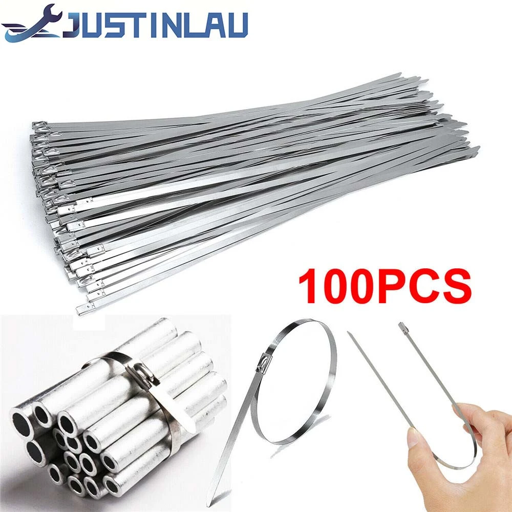 100Pcs 304#Stainless Steel Cable Ties 4.6mm Heavy Duty Self-Locking Cable Zip Tie Multi-Purpose Metal Exhaust Wrap Locking Ties
