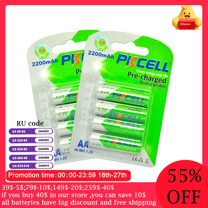 8pcs/2card PKCELL AA Rechargeable Battery AA NiMH 1.2V 2200mAh Ni-MH 2A Pre-charged Bateria low self discharge aa Batteries