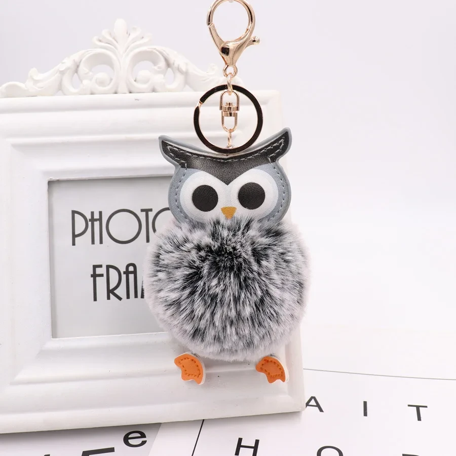Cute Pompom Owl Keychain pom pom Key Chain Rabbit Fur Ball pompon Porte Clef Fluffy Leather Key Ring accessories Jewelry