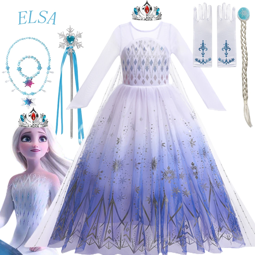 Snow Queen 2 Halloween Party Costume for Girls White Elsa Long Dress Princess Frozen 2 Vestido Disney Cosplay Carnival Clothing
