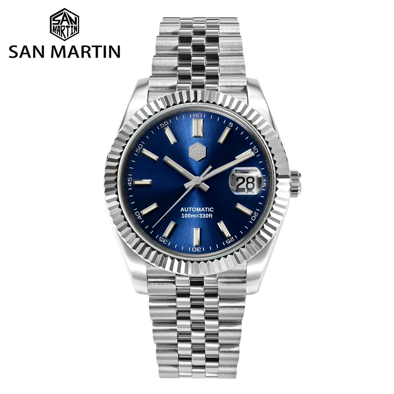 San Martin Men Dress Watch Jubilee Bracelet Retro Classic Luxury Automatic Mechanical Watches Sapphire Cyclops Waterproof 100M