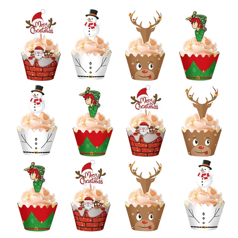 24/48pcs Christmas Paper Cupcake Wrapper Christmas New Year Birthday Party Cake Decorations Tools Santa Claus Cake Topper