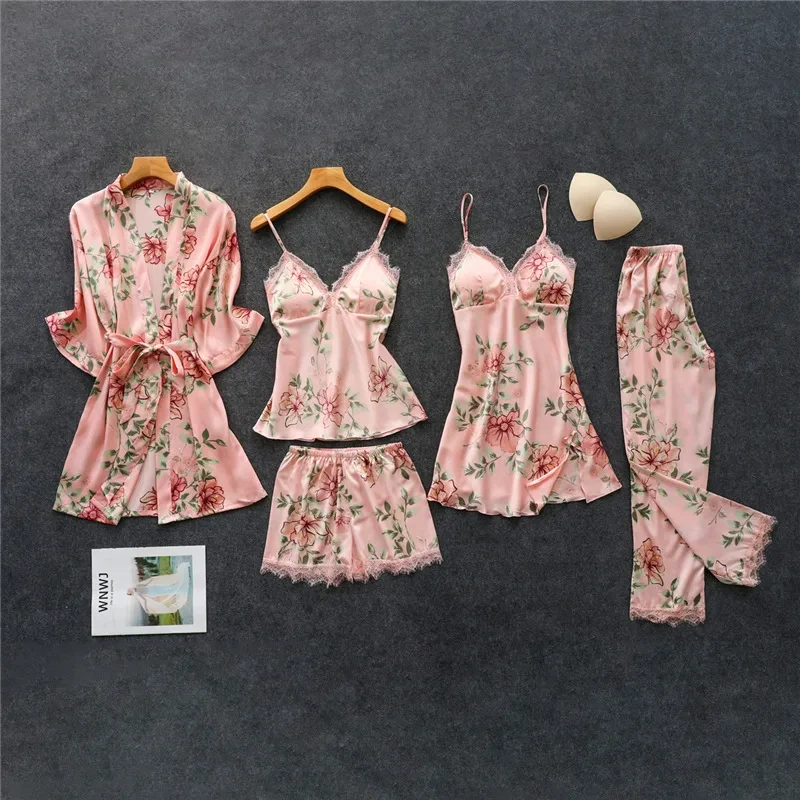 Pink Pajamas Sets Womens 5PC Strap Top Pants Sleepwear Suit Spring Autumn Home Wear Nightwear Kimono Robe Bath Gown M-XXL