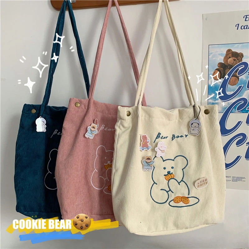 W&G Kawaii Bag Japanese Corduroy Embroidery Bear Shoulder Bag Women Cross Body Bag Animal Shopping Storage Bag Handbag New 2021